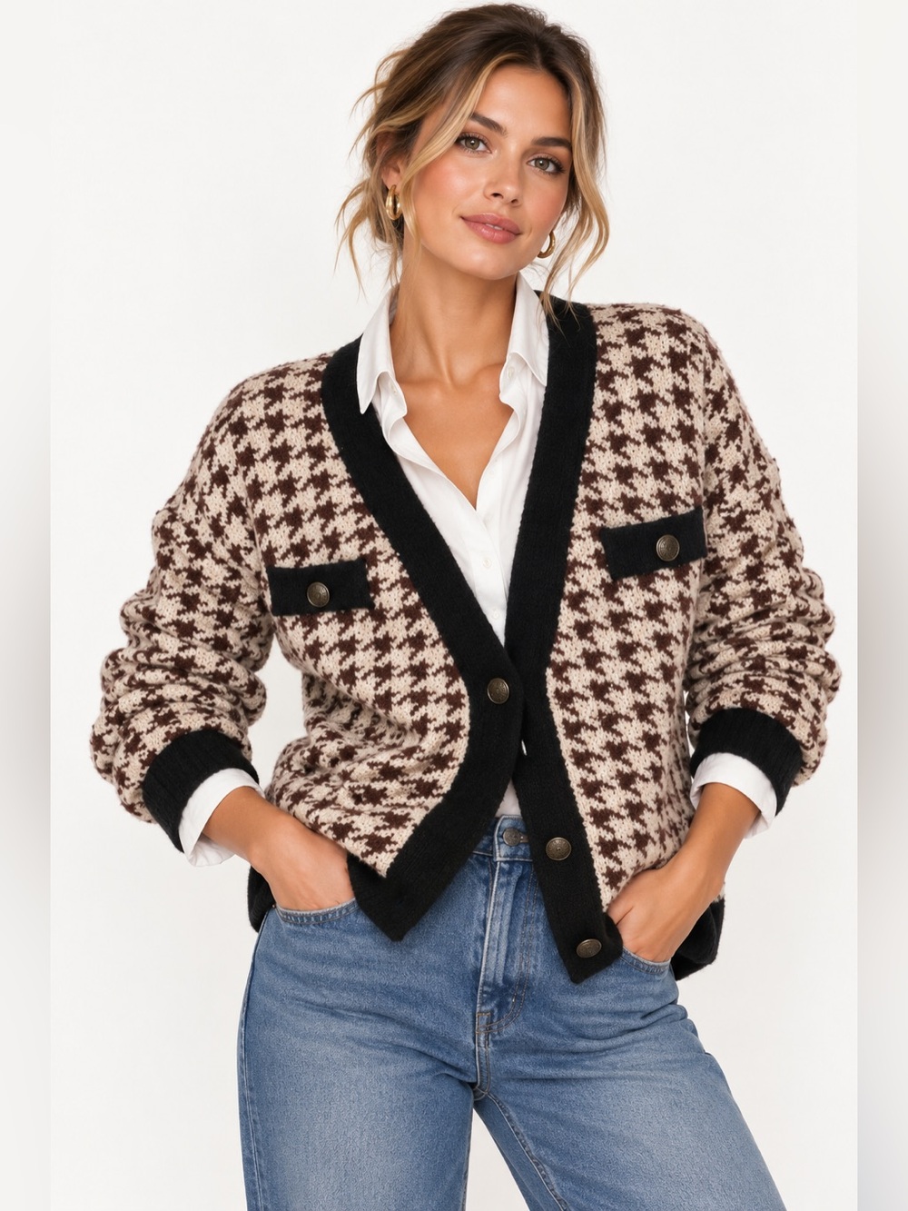 Maeve NWOT Chunky Soft Knit Houndstooth Cardigan Gold Hardware Sweater Size XS